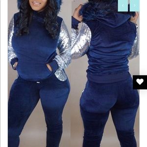 Navy blue velour sweatsuit with sequins detail